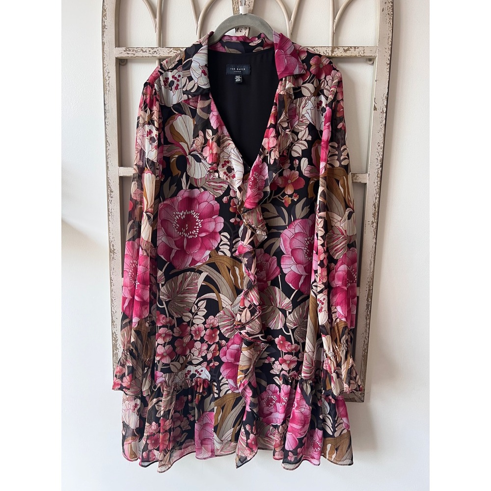 Ted Baker Cecihly Floral Ruffle Mini Dress Pink Black Long Sleeve